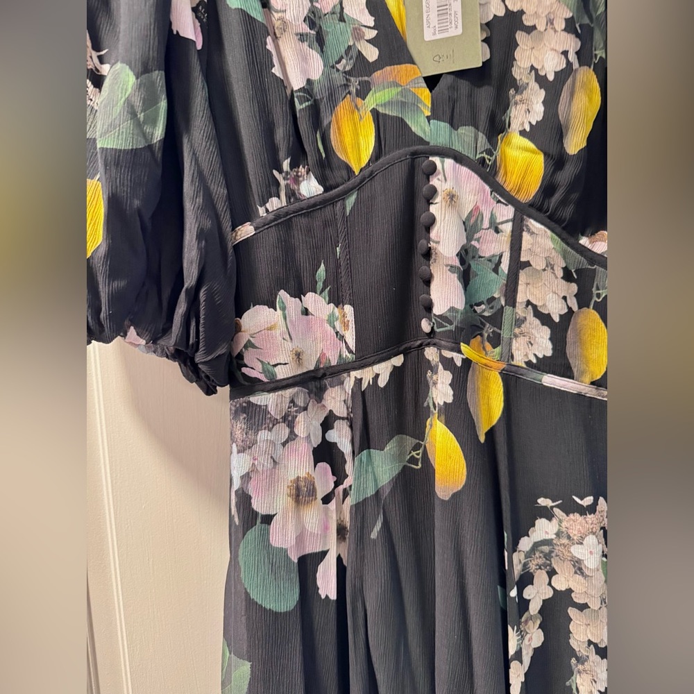 All Saints Black Floral Asymmetrical Dress with Yellow Accents